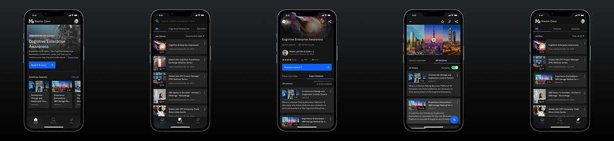 Screenshots of the IBM Master Class iOS app.